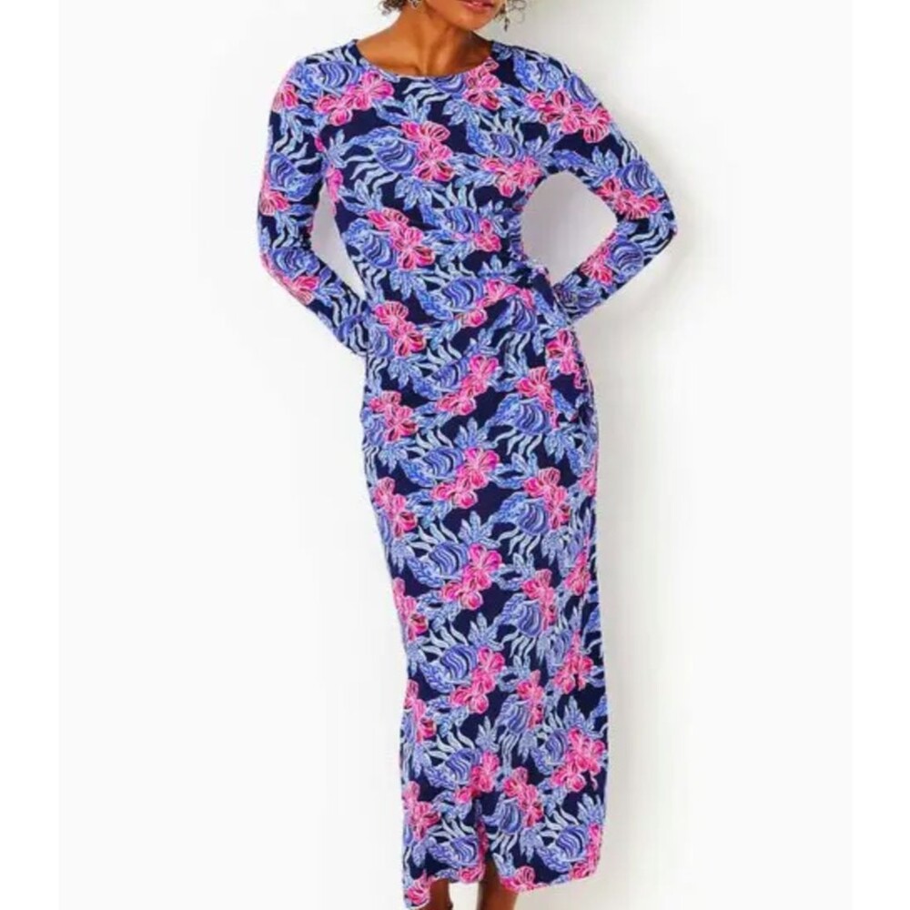 Lilly Pulitzer Bryson Long Sleeve Maxi Dress Medium Navy Pink Floral Coastal